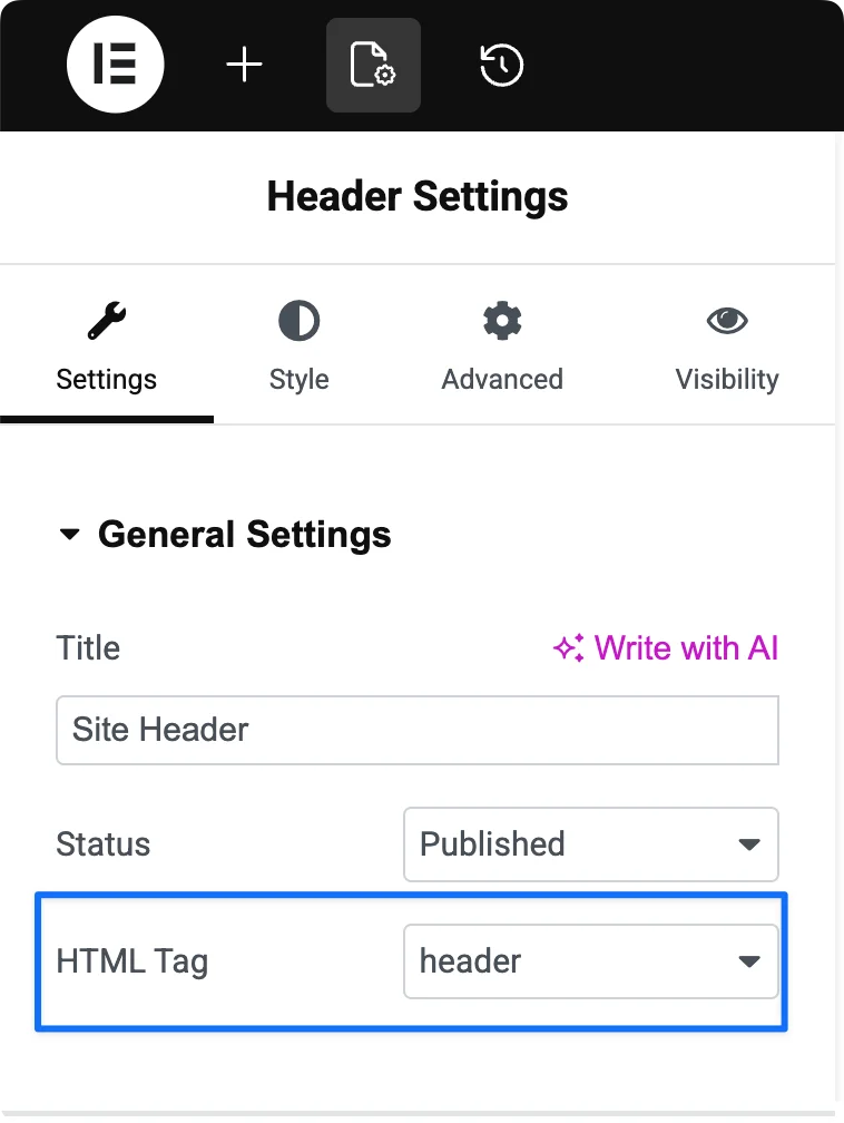 Screenshot of the Elementor header settings with the HTML Tag set to header