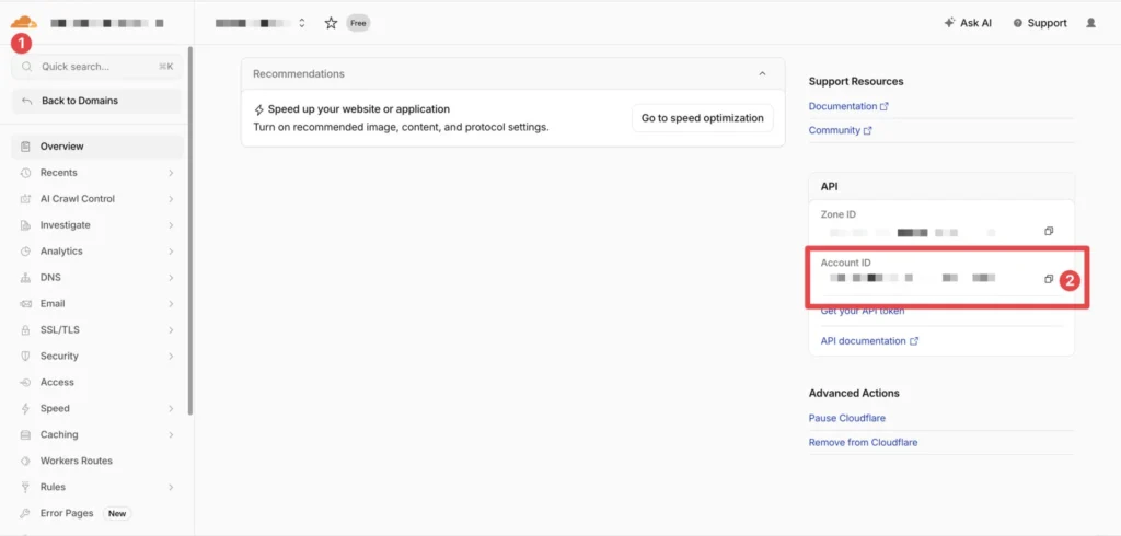 Cloudflare dashboard right sidebar with the Account ID field at the bottom, ready to be copied